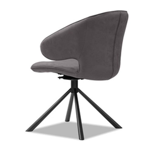 Hugo Swivel Dining Chair by Mobital, showing side view of hugo swivel dining chair in pewter ultra suede return swivel/black powder coated legs.
