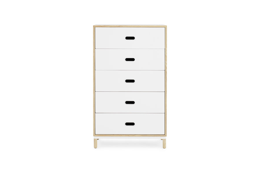 Kabino Dresser by Normann Copenhagen, showing front view of kabino dresser in 5 drawers/white powder coated aluminum.