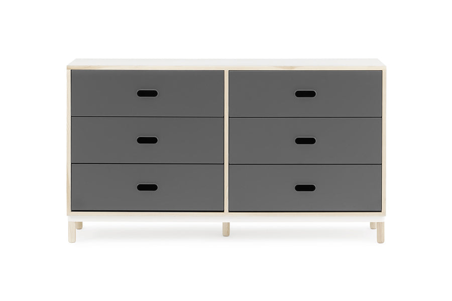Kabino Dresser by Normann Copenhagen, showing front view of kabino dresser in 6 drawers/grey powder coated aluminum.