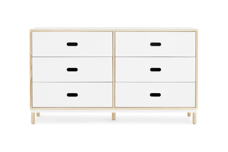 Kabino Dresser by Normann Copenhagen, showing front view of kabino dresser in 6 drawers/white powder coated aluminum.
