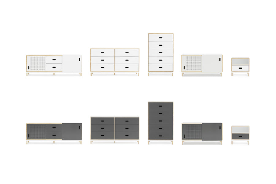 Kabino Dresser by Normann Copenhagen, showing front view of kabino dressers in 5 & 6 drawers/white & grey powder coated aluminum.