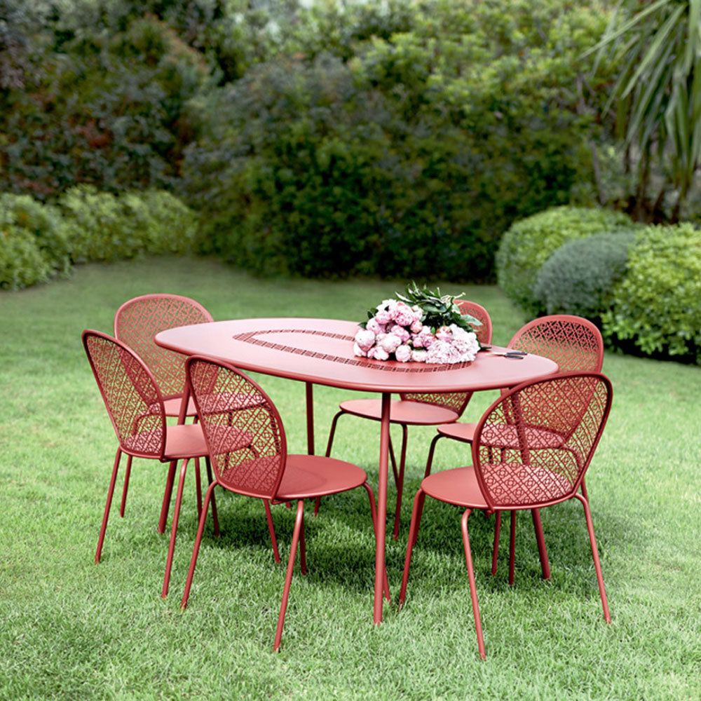 Lorette Oval Table by Fermob, showing lorette oval table in live shot.