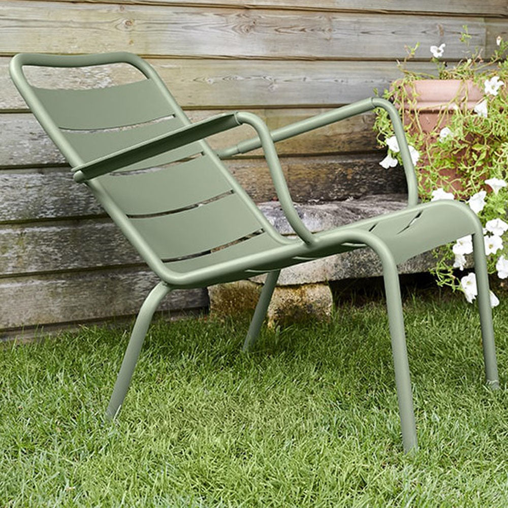 Luxembourg Steel Low Armchair by Fermob, showing luxembourg steel low armchair in live shot.