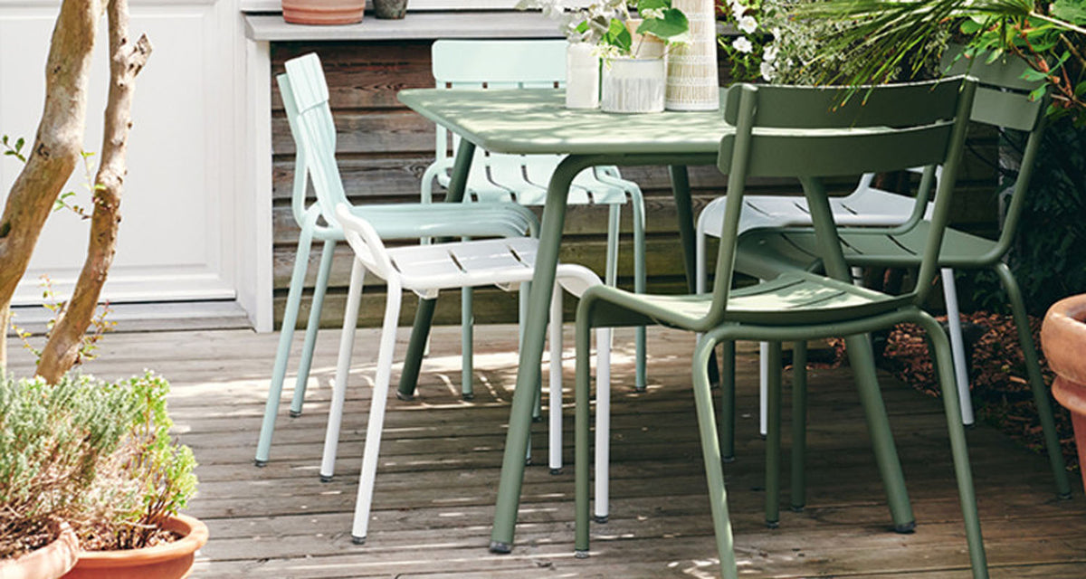 Luxembourg Steel Side Chair by Fermob, showing luxembourg steel side chair in live shot.