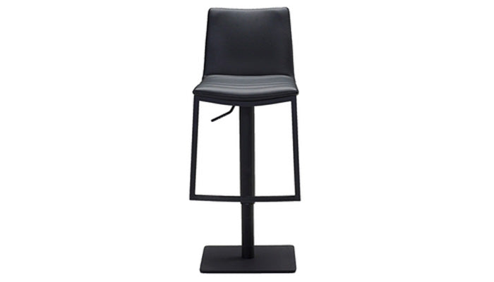 Raven Hydraulic Bar Stool by Mobital, showing front view of raven hydraulic bar stool in black leatherette/black powder coated metal frame.