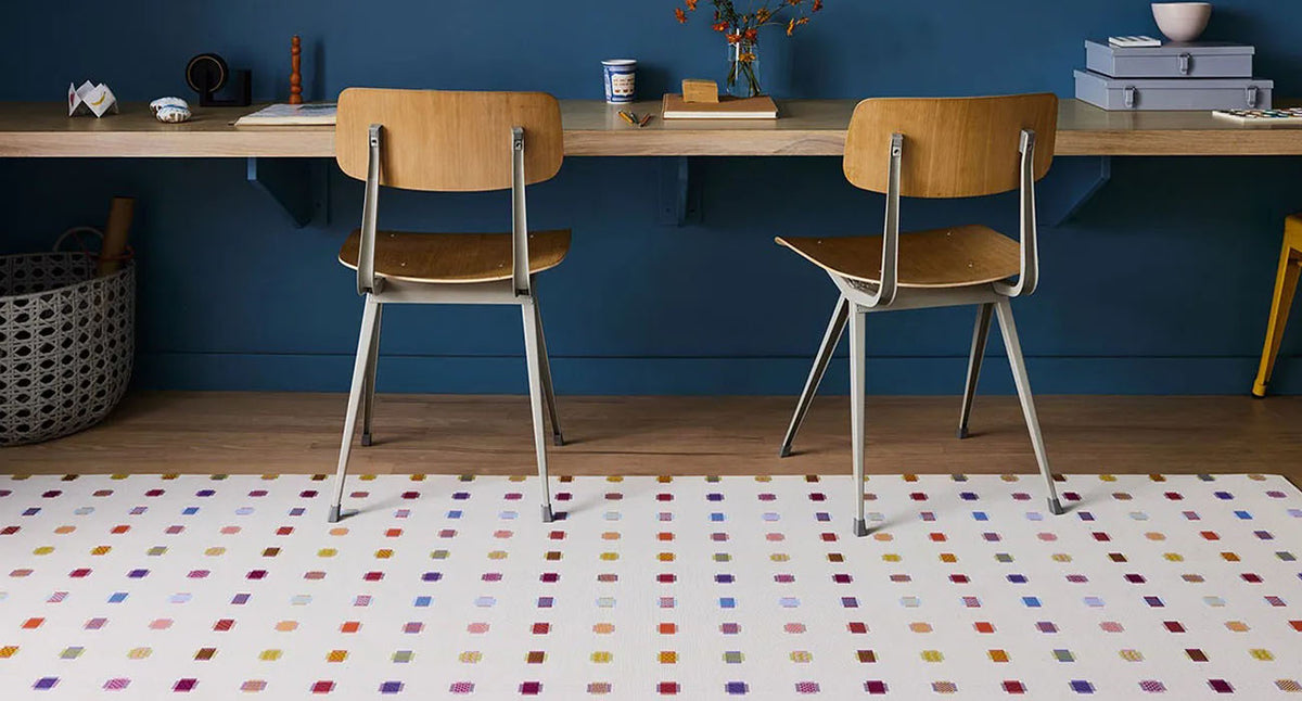 Sampler Woven Floor Mat by Chilewich, showing closeup view of sampler woven floor mat in live shot.
