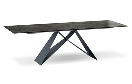 The W Extending Dining Table by Mobital - Slate Ceramic Tempered Glass Top/Black Powder Coated Base.