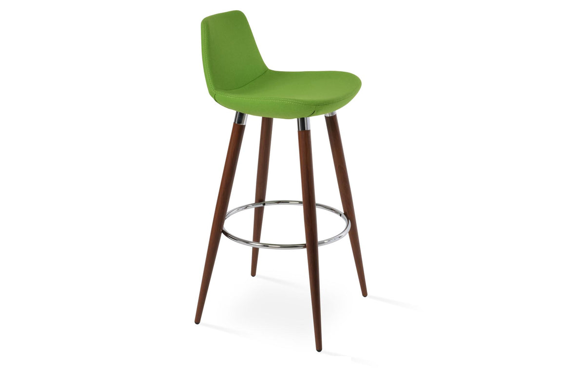 Pera Ana Bar Stool by SohoConcept - Walnut Veneer Steel Tube with Polished Stainless Steel Bracelet/Footrest, Camira Blazer Pistachio Wool.