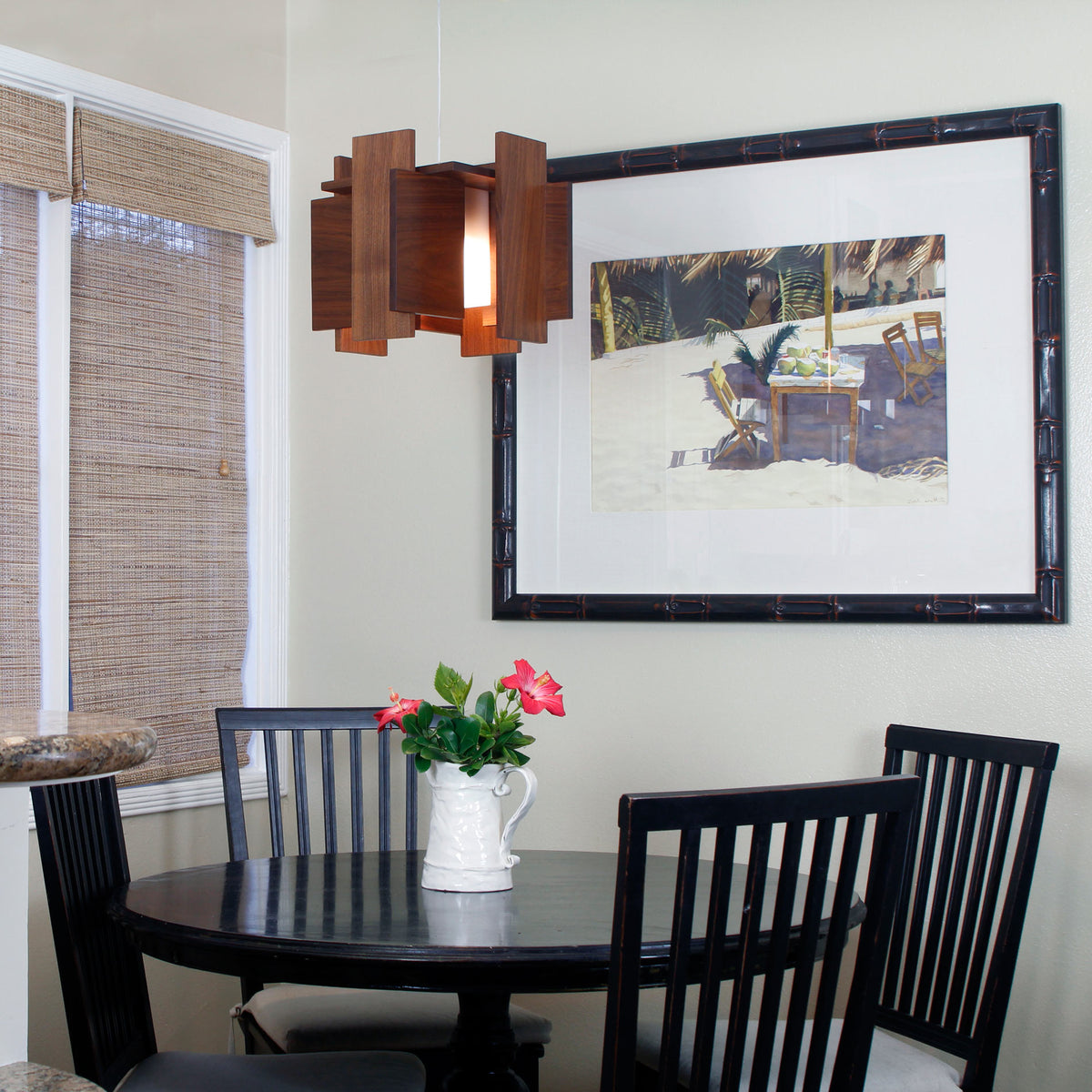 Abeo LED Pendant by Cerno, showing abeo led pendant with table & chairs in live shot.