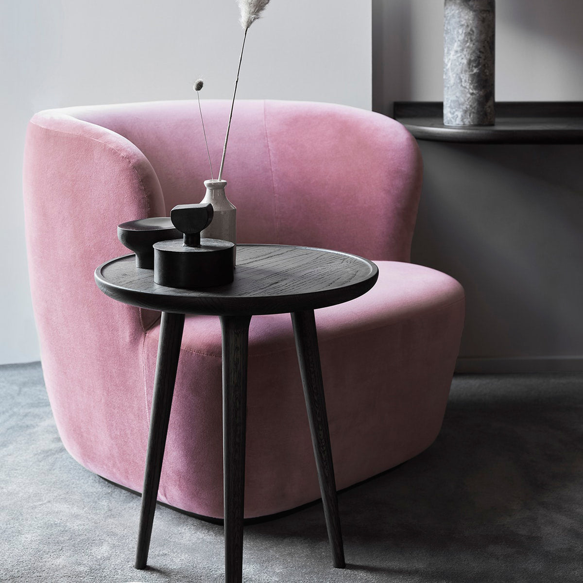 Accent Cafe Table by Mater, showing accent cafe table with chair in live shot.