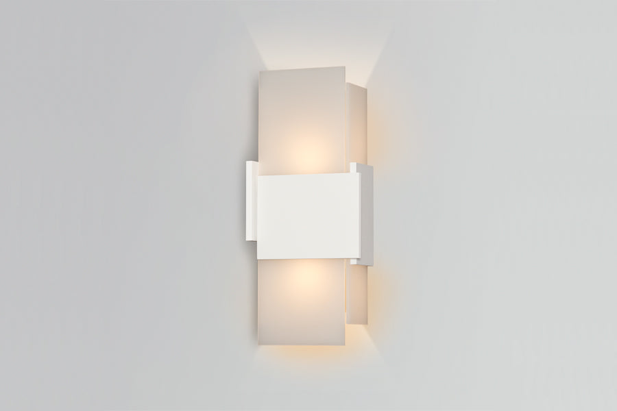 Acuo Outdoor LED Sconce by Cerno, showing side view of acuo outdoor led sconce in textured white powdercoat shade.