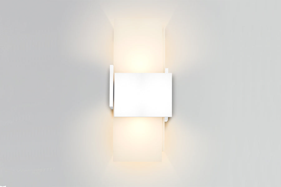 Acuo Outdoor LED Sconce by Cerno, showing front view of acuo outdoor led sconce in textured white powdercoat shade.