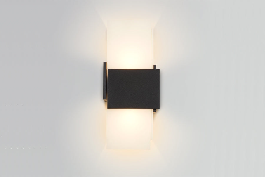 Acuo Outdoor LED Sconce by Cerno, showing front view of acuo outdoor led sconce in textured black powdercoat shade.