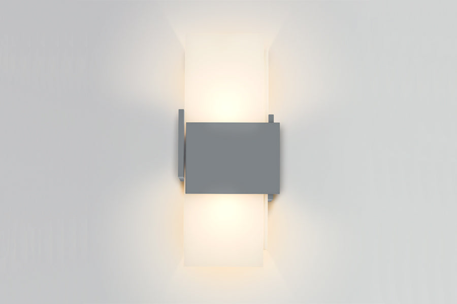 Acuo Outdoor LED Sconce by Cerno, showing front view of acuo outdoor led sconce in matte grey powdercoat shade.