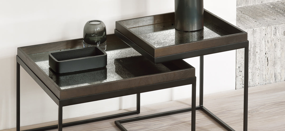 Aged Mirror Tray by Ethnicraft, showing aged mirror trays in live shot.