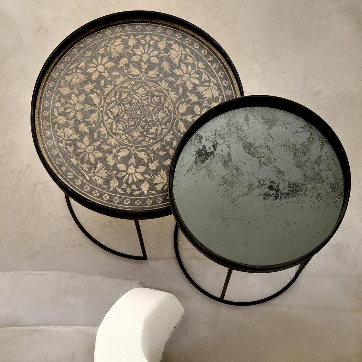 Aged Mirror Tray by Ethnicraft, showing aged mirror tray in live shot.