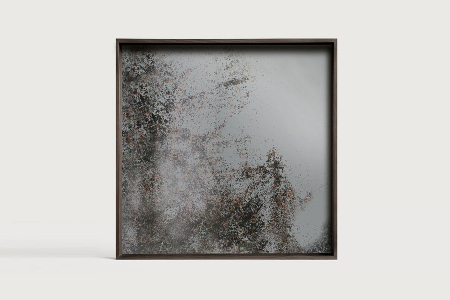Aged Mirror Tray by Ethnicraft, showing top view of square aged mirror tray in studio shot.