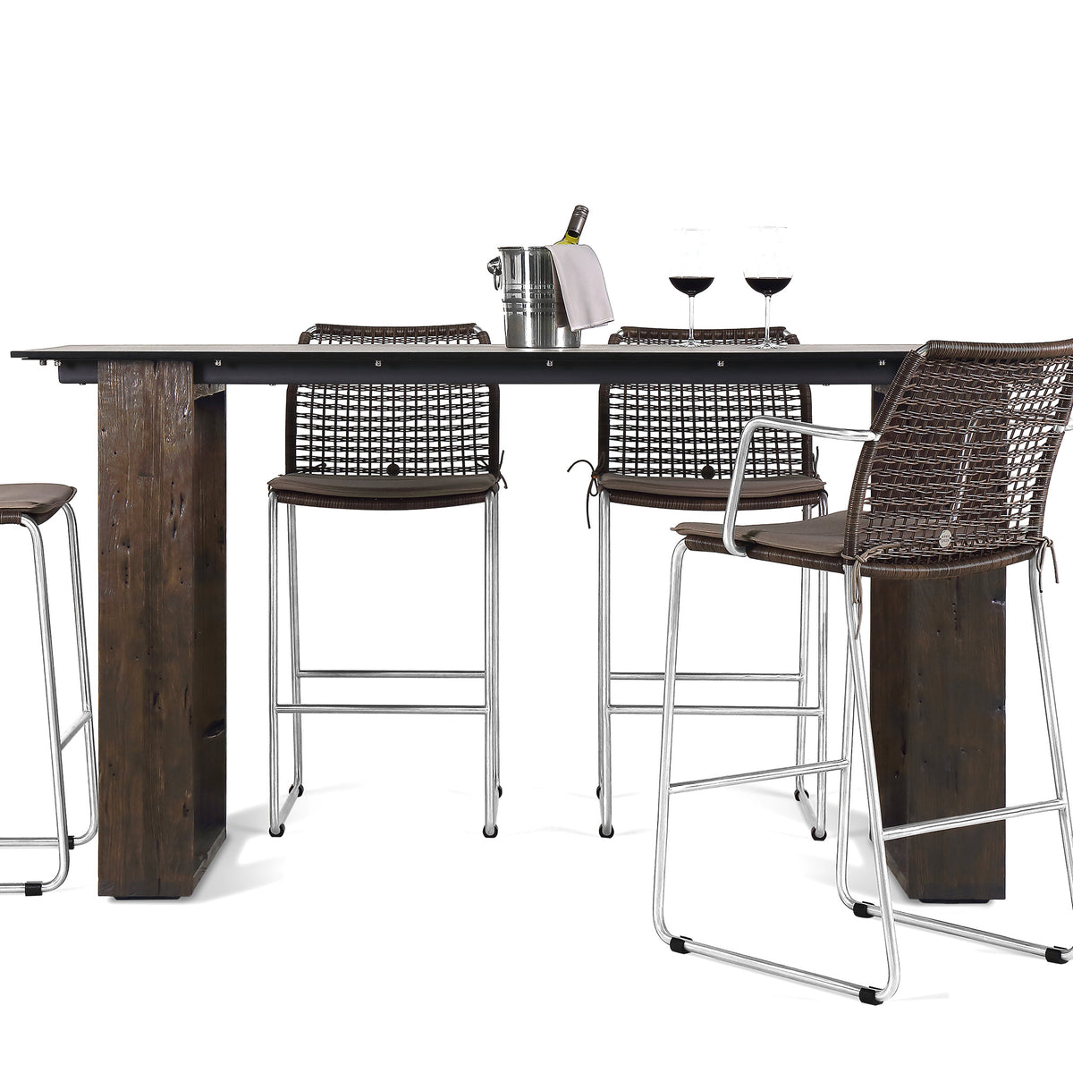 Aiko Bar Table by Mamagreen, showing front view of bar table in espresso teak wood with bar chairs.