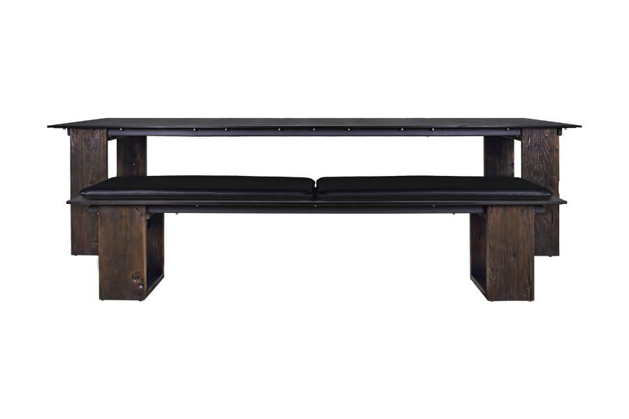 Aiko Bench by Mamagreen, showing aiko bench in espresso teak wood/slate HPL/black stamskin cushion set with aiko dining table.
