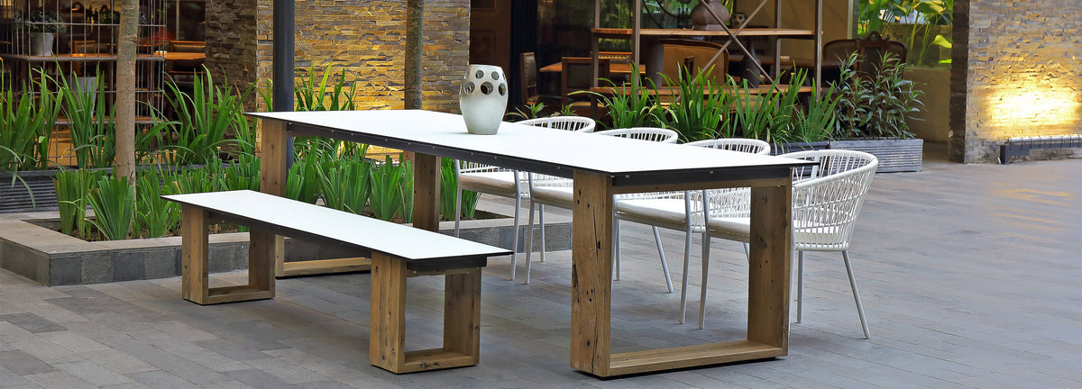 Aiko Bench by Mamagreen, showing aiko bench with aiko dining table & chairs in live shot.