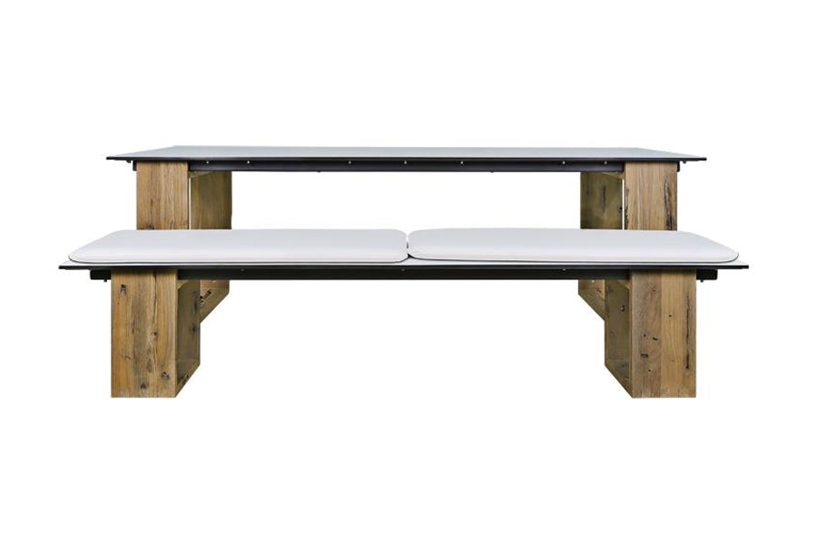 Aiko Bench by Mamagreen, showing aiko bench in original teak wood/alpes white HPL/white stamskin cushion set with aiko dining table.