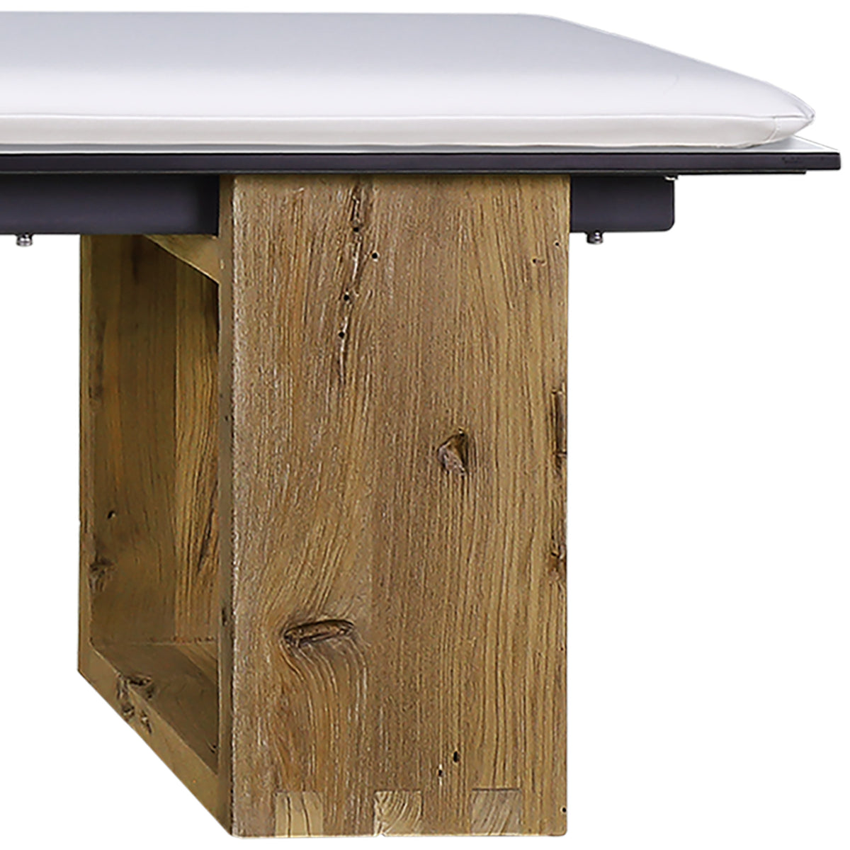 Aiko Bench by Mamagreen, showing closeup view of aiko bench in original teak wood/alpes white HPL/white stamskin cushion set.