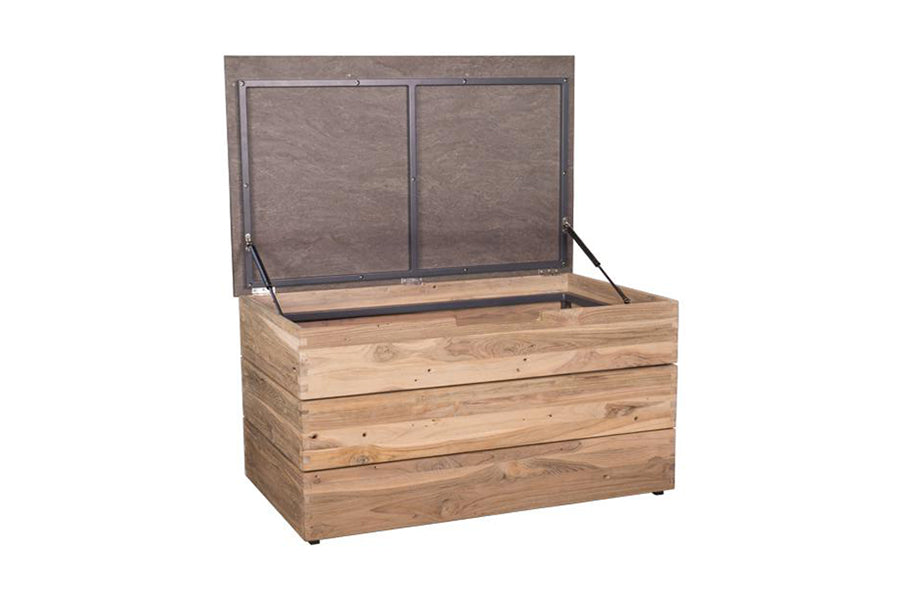 Aiko Box by Mamagreen, showing angle view of opened aiko box in original teak wood/slate HPL.