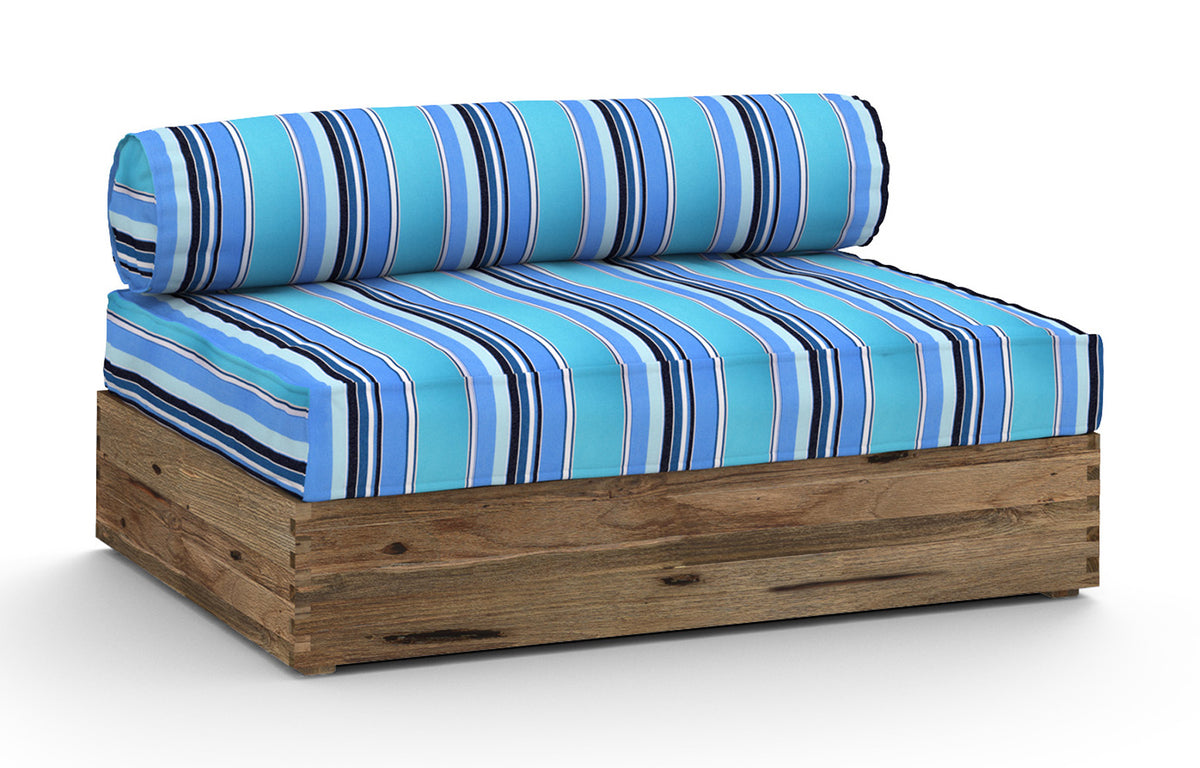 Aiko Comfort Module Armless by Mamagreen - Original Teak Wood, Slate HPL, Dolce Oasis Stripe Sunbrella Cushion.