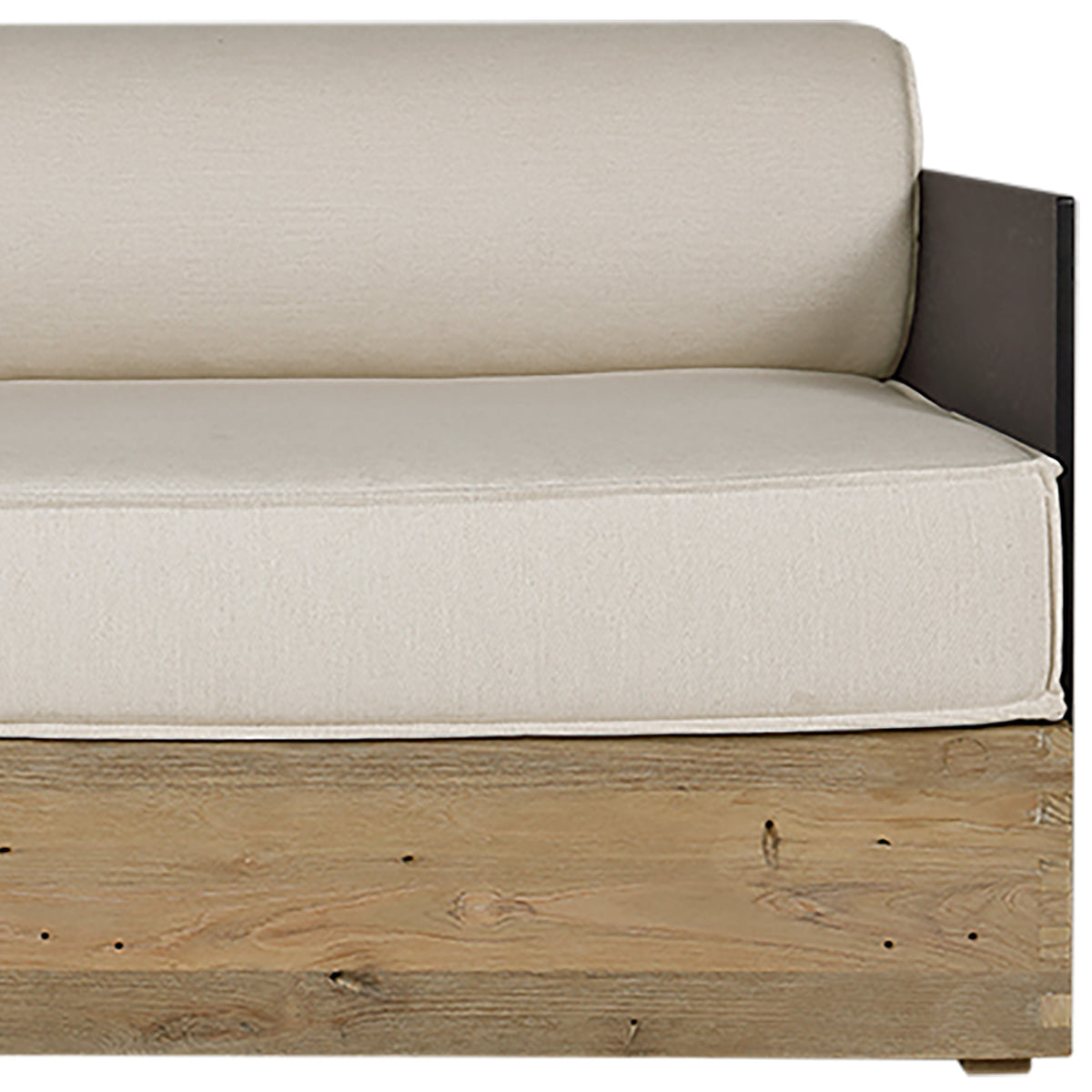 Aiko Comfort Module Left Arm by Mamagreen, showing closeup view of aiko comfort module left arm in original teak wood/slate HPL/sailor sunbrella cushion.
