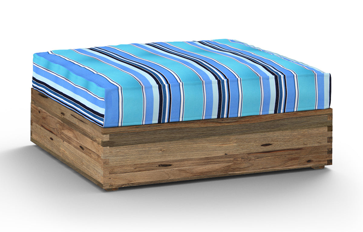 Aiko Comfort Ottoman by Mamagreen - Original Teak Wood, Dolce Oasis Stripe Sunbrella Cushion.