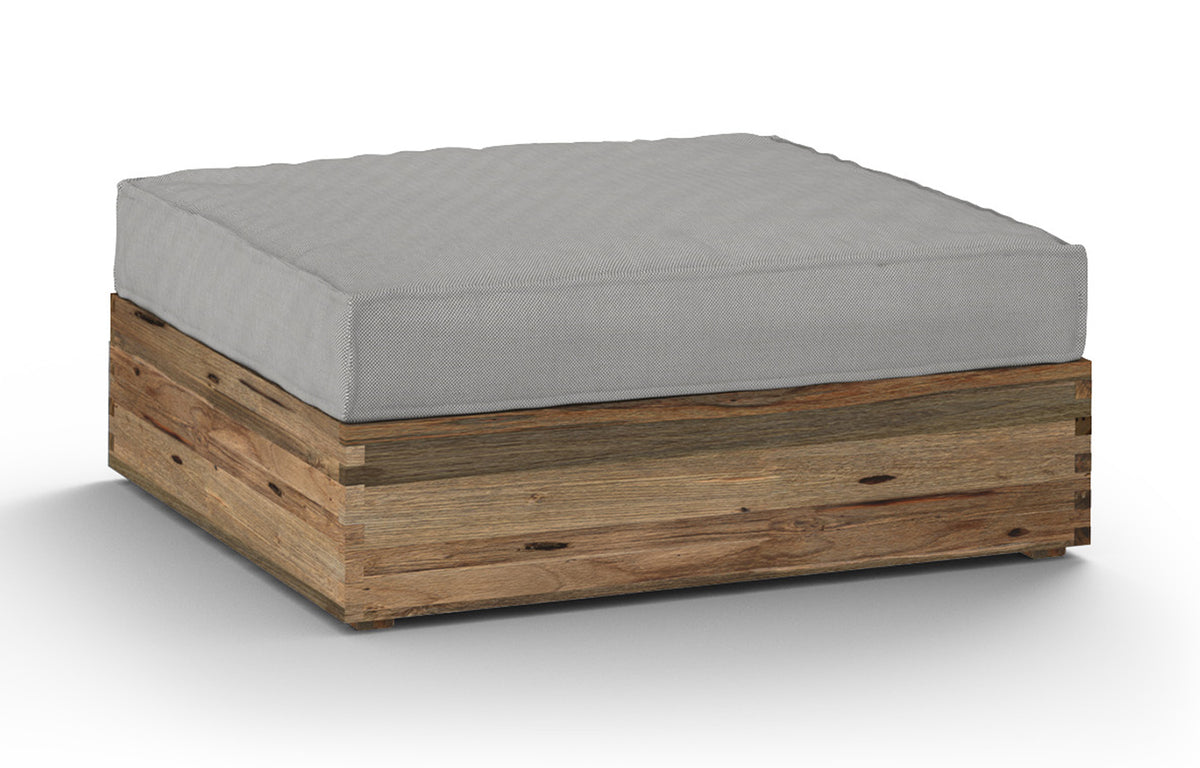 Aiko Comfort Ottoman by Mamagreen - Original Teak Wood, Seagull Grey Sunbrella Cushion.