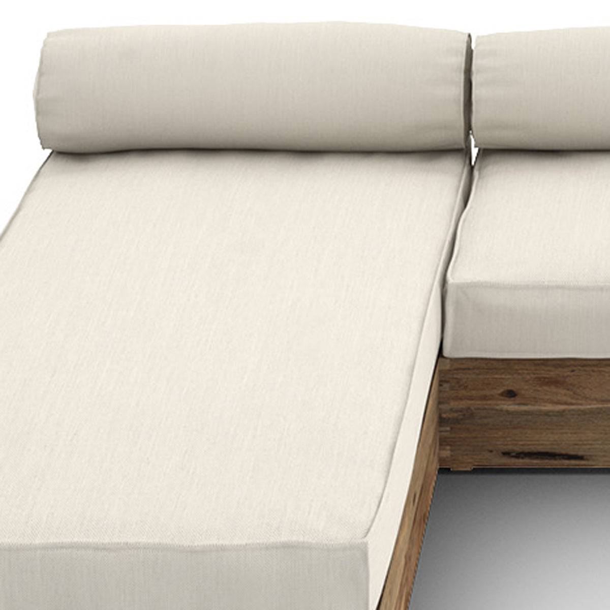 Aiko Configuration 1 by Mamagreen, showing closeup view of aiko configuration in original teak wood/slate HPL/sailor sunbrella cushion.