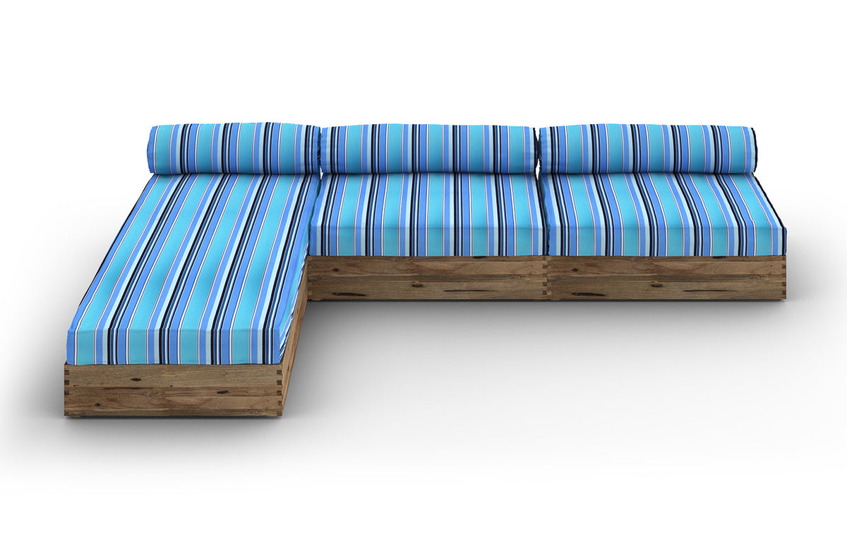 Aiko Configuration 1 by Mamagreen - Original Teak Wood, Slate HPL, Dolce Oasis Stripe Sunbrella Cushion.