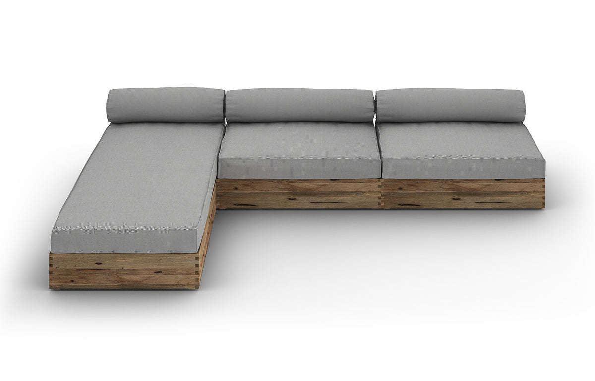 Aiko Configuration 1 by Mamagreen - Original Teak Wood, Alpes White HPL, Seagull Grey Sunbrella Cushion.
