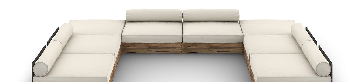 Aiko Configuration 10 by Mamagreen, showing closuep view of aiko configuration in original teak wood/slate HPL/sailor sunbrella cushion.
