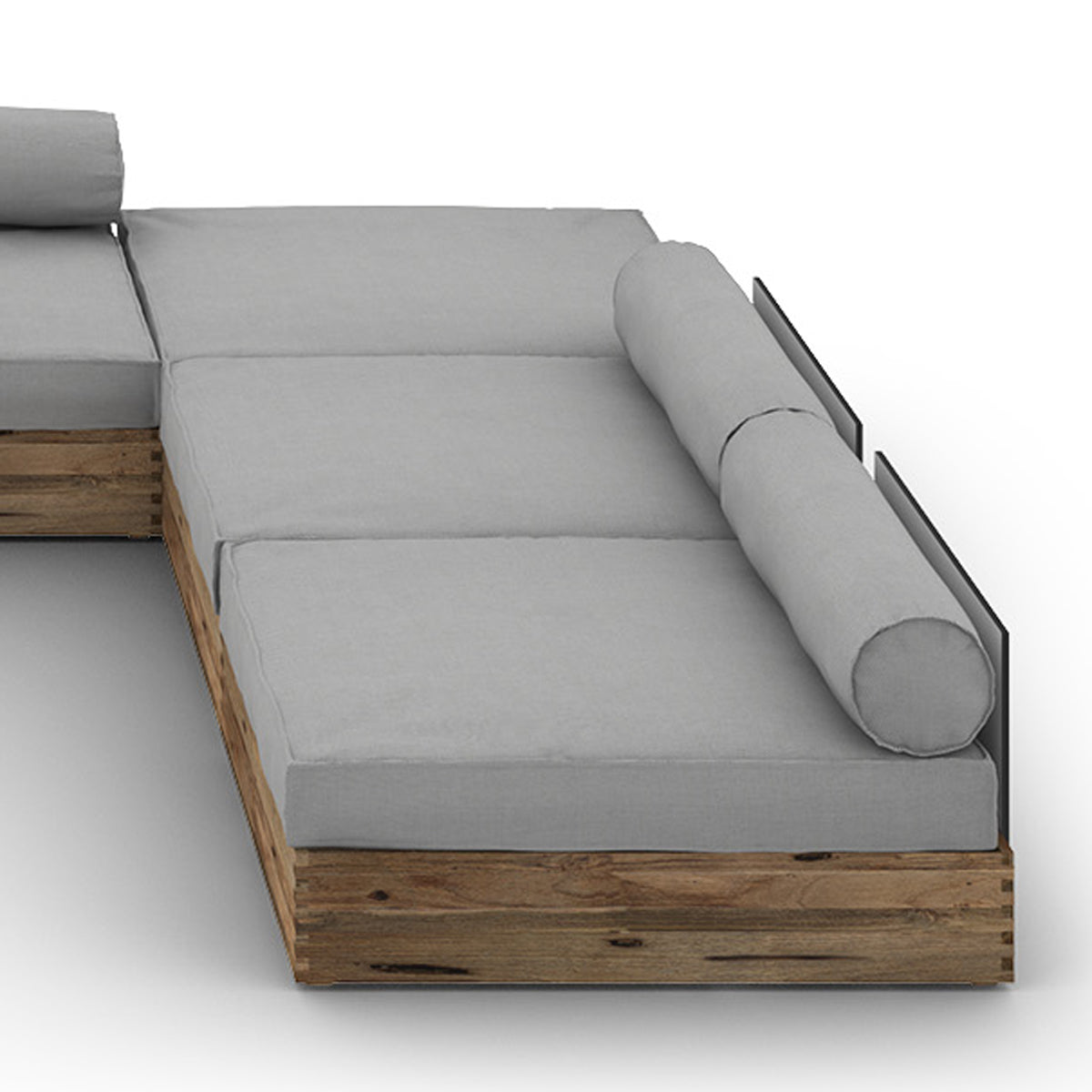 Aiko Configuration 10 by Mamagreen, showing closuep view of aiko configuration in original teak wood/alpes white HPL/seagull grey sunbrella cushion.