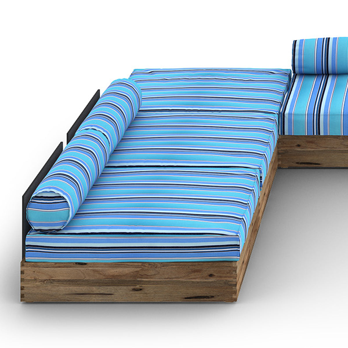 Aiko Configuration 10 by Mamagreen, showing closuep view of aiko configuration in original teak wood/slate HPL/dolce oasis stripe sunbrella cushion.