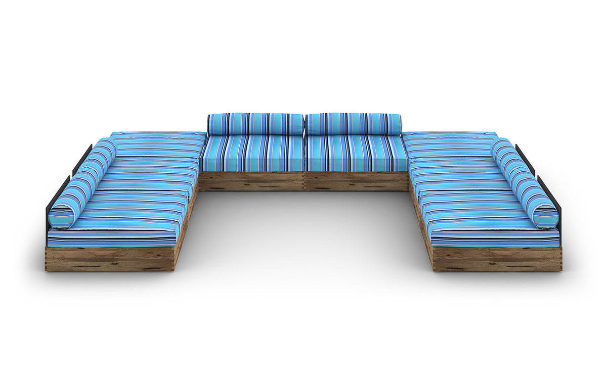 Aiko Configuration 10 by Mamagreen - Original Teak Wood, Slate HPL, Dolce Oasis Stripe Sunbrella Cushion.