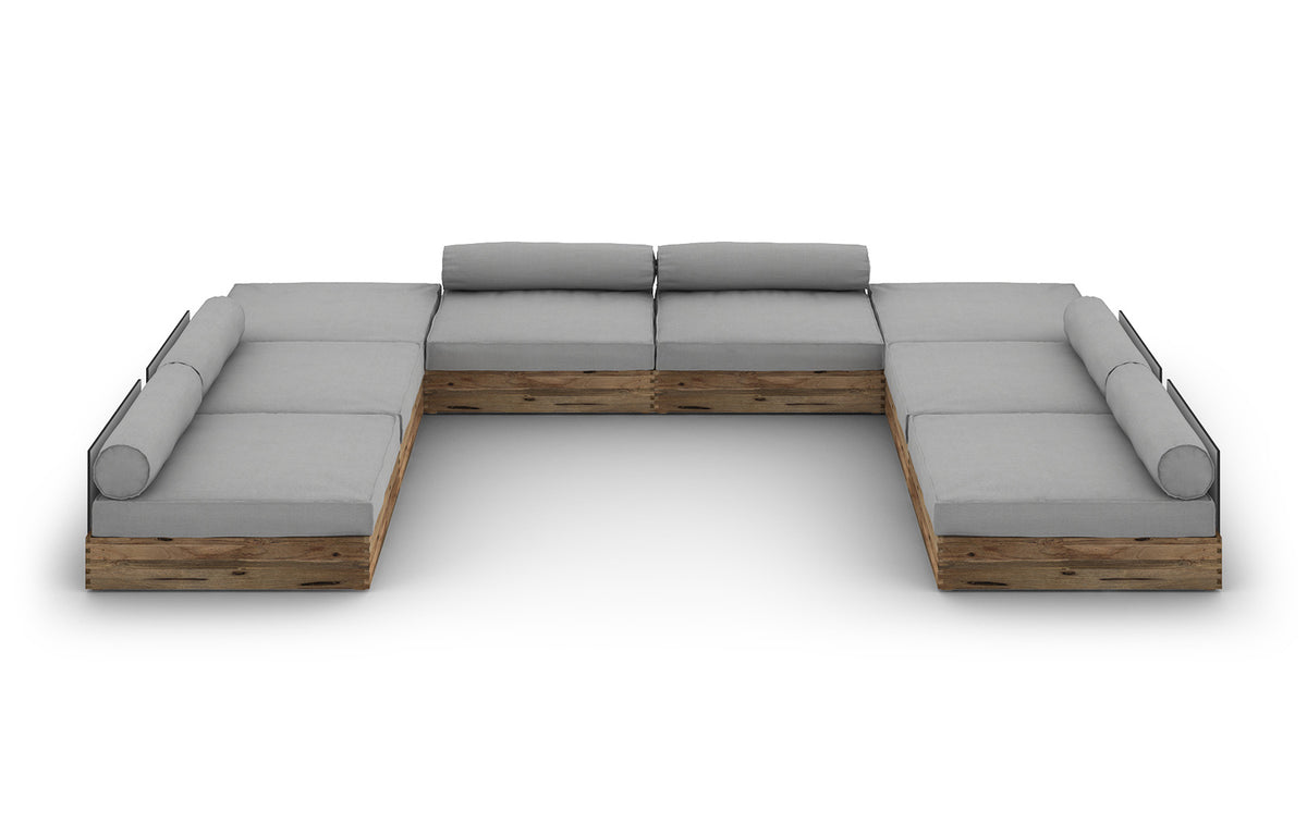 Aiko Configuration 10 by Mamagreen - Original Teak Wood, Alpes White HPL, Seagull Grey Sunbrella Cushion.