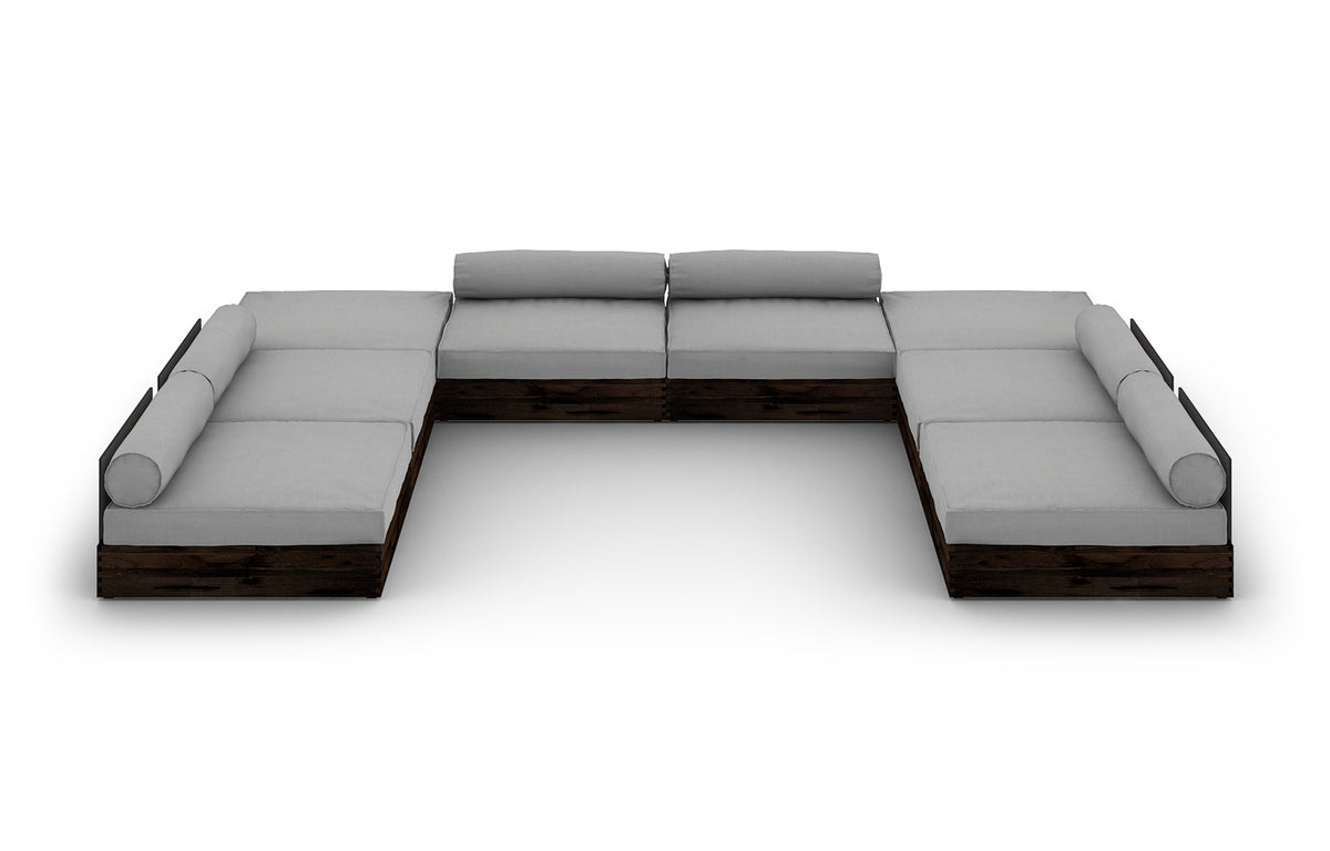 Aiko Configuration 10 by Mamagreen - Espresso Teak Wood, Slate HPL, Seagull Grey Sunbrella Cushion.
