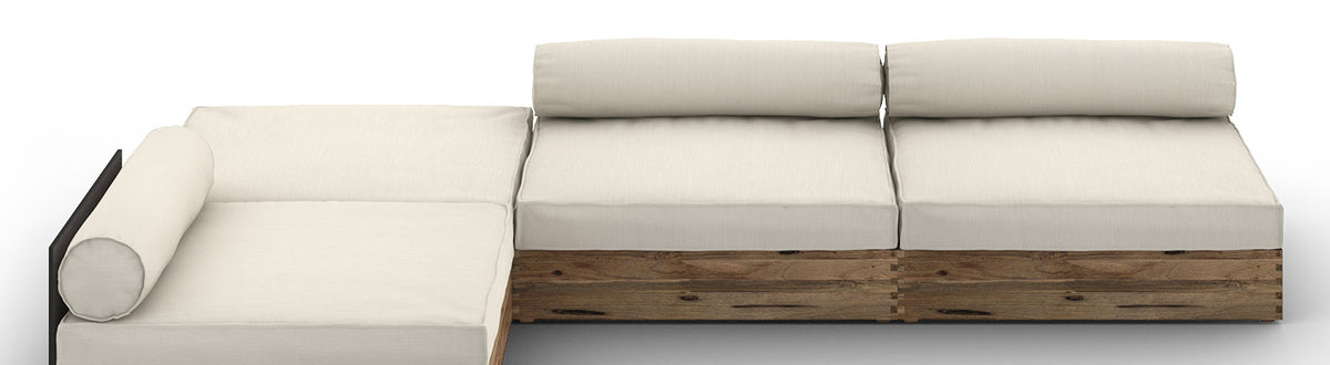 Aiko Configuration 3 by Mamagreen, showing closeup view of aiko configuration 3 in original teak wood/slate HPL/sailor sunbrella cushion.