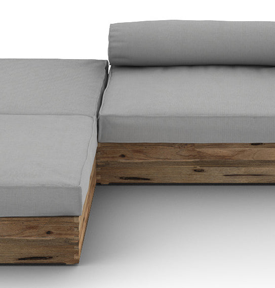 Aiko Configuration 3 by Mamagreen, showing closeup view of aiko configuration 3 in original teak wood/slate HPL/seagull grey sunbrella cushion.