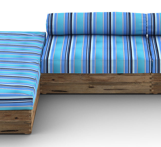 Aiko Configuration 3 by Mamagreen, showing closeup view of aiko configuration 3 in original teak wood/slate HPL/dolce oasis stripe sunbrella cushion.