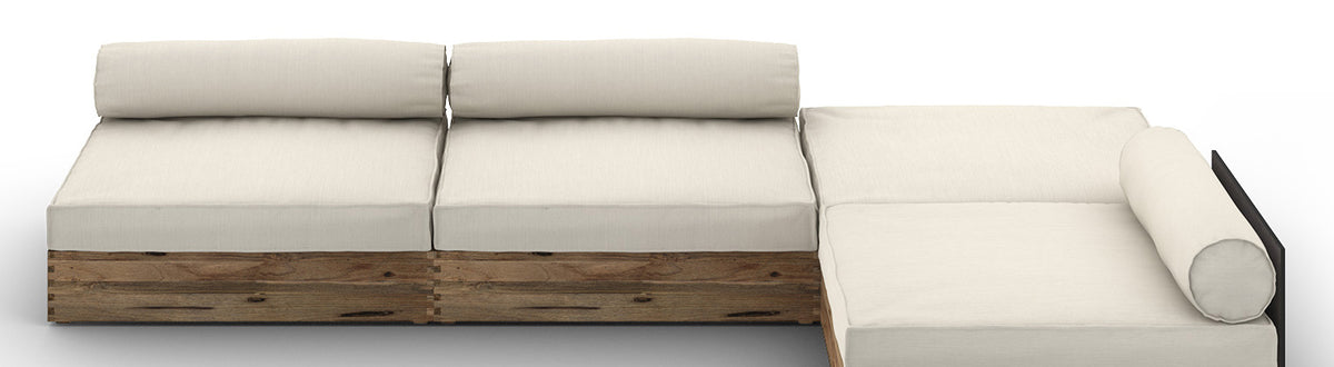 Aiko Configuration 4 by Mamagreen, showing closeup view of aiko configuration 4 in original teak wood/slate HPL/sailor sunbrella cushion.