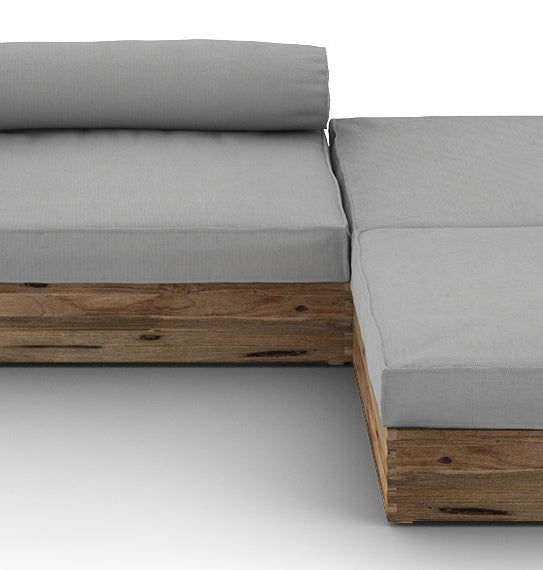 Aiko Configuration 4 by Mamagreen, showing closeup view of aiko configuration 4 in original teak wood/slate HPL/seagull grey sunbrella cushion.
