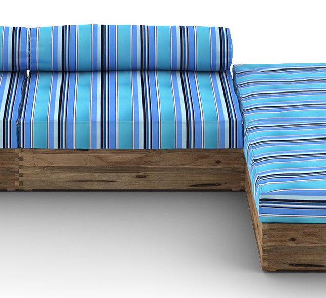 Aiko Configuration 4 by Mamagreen, showing closeup view of aiko configuration 4 in original teak wood/slate HPL/dolce oasis stripe sunbrella cushion.