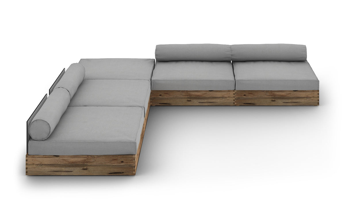 Aiko Configuration 5 by Mamagreen - Original Teak Wood, Alpes White HPL, Seagull Grey Sunbrella Cushion.