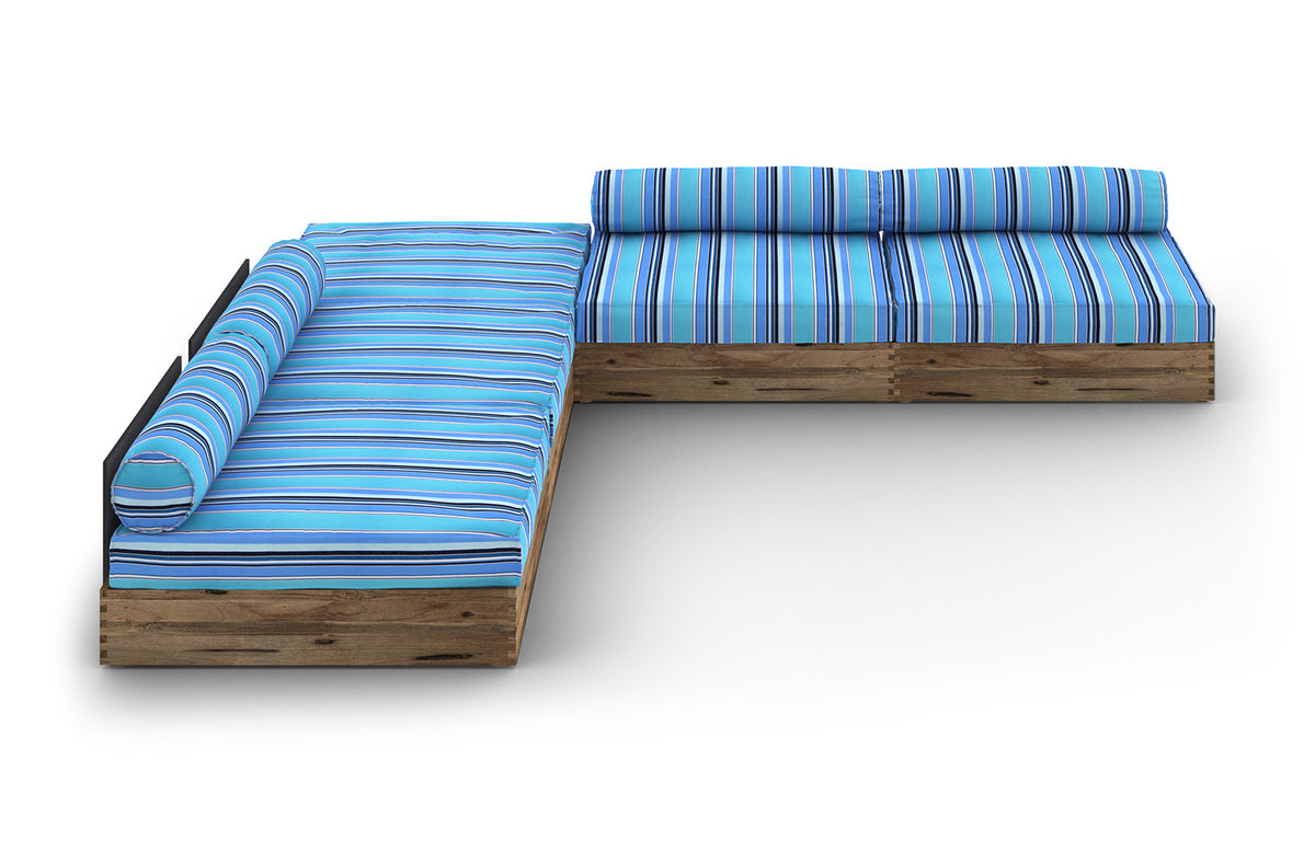 Aiko Configuration 5 by Mamagreen - Original Teak Wood, Slate HPL, Dolce Oasis Stripe Sunbrella Cushion.