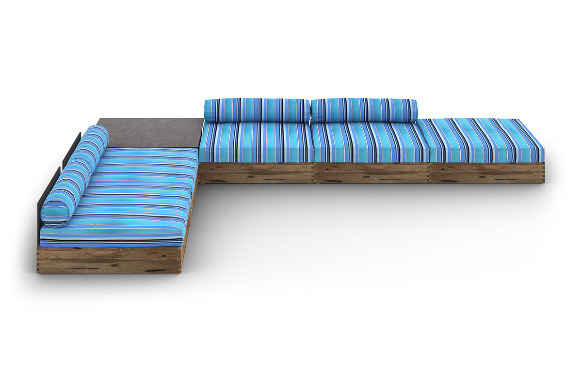 Aiko Configuration 7 by Mamagreen - Original Teak Wood, Slate HPL, Dolce Oasis Stripe Sunbrella Cushion.