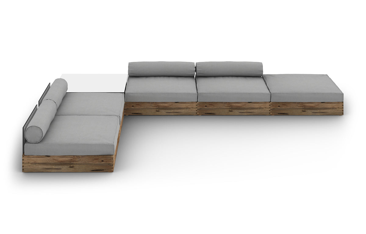 Aiko Configuration 7 by Mamagreen - Original Teak Wood, Alpes White HPL, Seagull Grey Sunbrella Cushion.